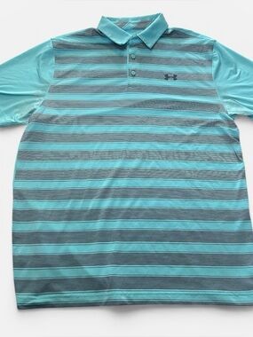 Under Armour Teal Green and Gray Striped Heat Gear Golf Polo Shirt Size L